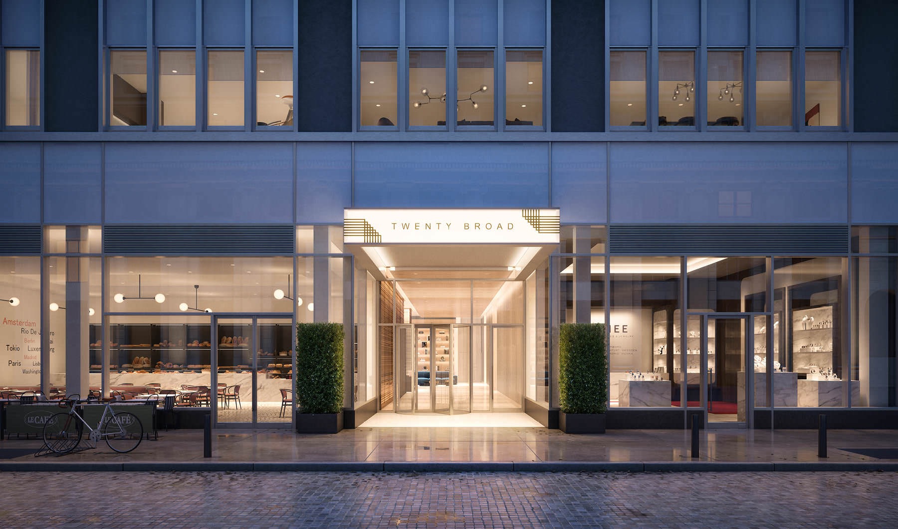 exterior shot of building entrance lit at night